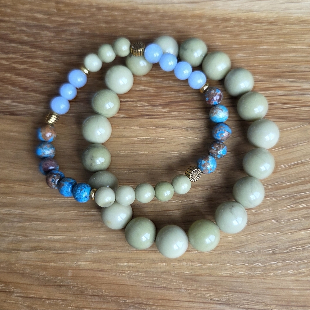 Green Matcha Jasper & Blue Angelite Beads Stretch Bracelet Set, Handcrafted - Picture 6 of 13